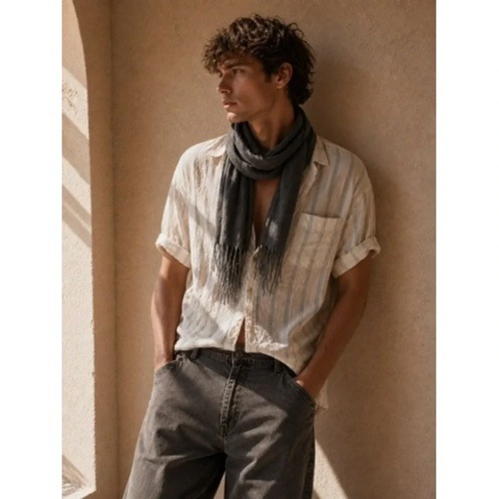 John W. Nordstrom Mens 100% Cashmere Scarf Gray Charcoal Colorblock Fringed